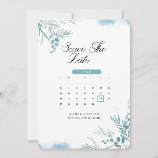 Stoffig blauw groen Eucalyptus Save The Date (Voorkant)