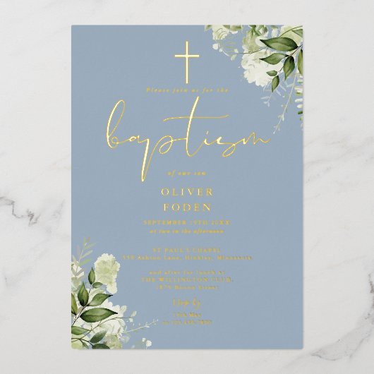 Stoffig Blauw groen Monogram Doop Goud Folie Uitnodiging (Voorkant)