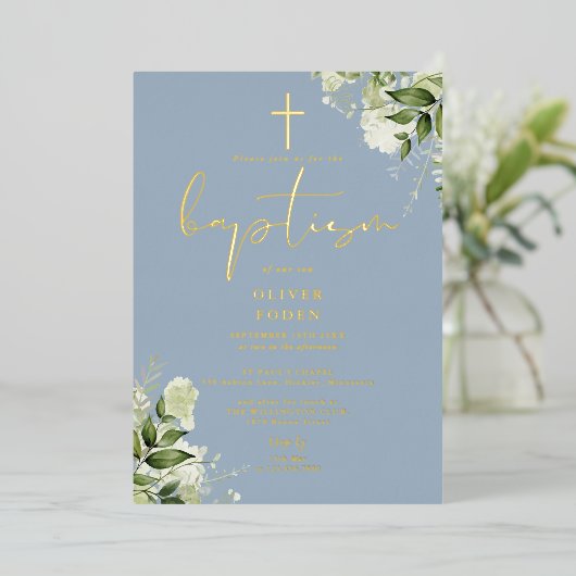 Stoffig Blauw groen Monogram Doop Goud Folie Uitnodiging (Staand Voorkant)