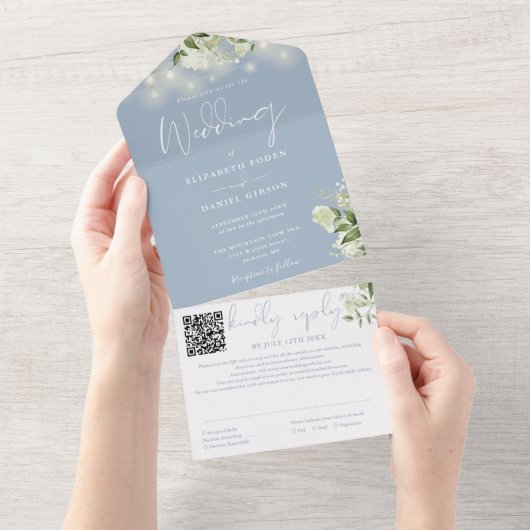 Stoffig Blauw groen String Lights QR Code Bruiloft All In One Uitnodiging (Afscheurbaar)