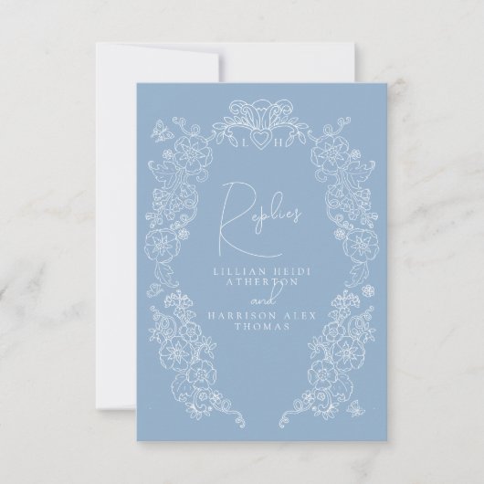 Stoffig blauw hand getrokken blad monogram RSVP br (Voorkant)