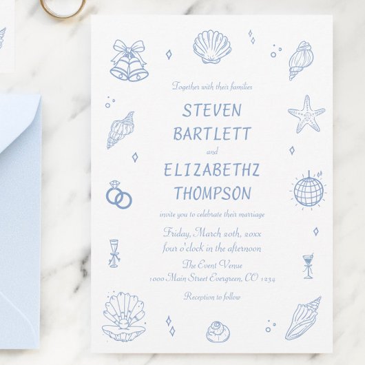 Stoffig Blauw Hand Getrokken Kust Huwelijk Kaart