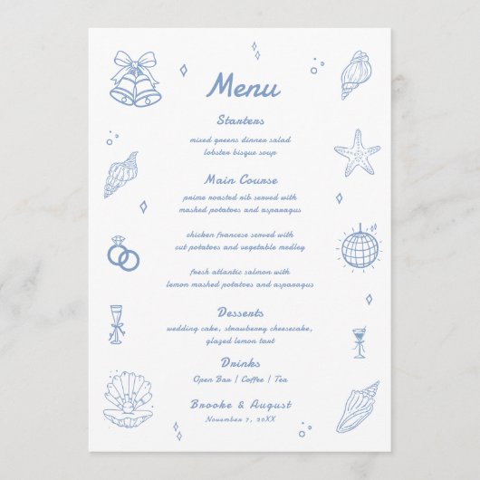 Stoffig Blauw Hand Getrokken Kust Huwelijk Menu (Voorkant)