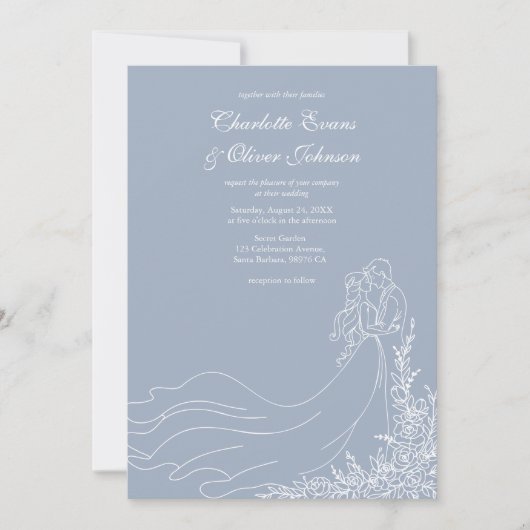 Stoffig Blauw Hand Getrokken Paar Rustieke Huwelij Kaart (Voorkant)