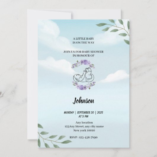 Stoffig blauw hemelwit wolken modern baby shower kaart (Voorkant)