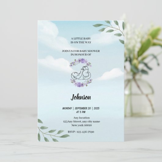 Stoffig blauw hemelwit wolken modern baby shower kaart (Staand voorkant)