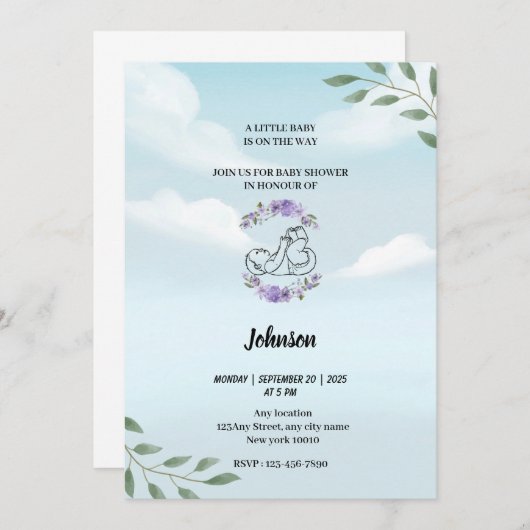 Stoffig blauw hemelwit wolken modern baby shower kaart (Voorkant / Achterkant)