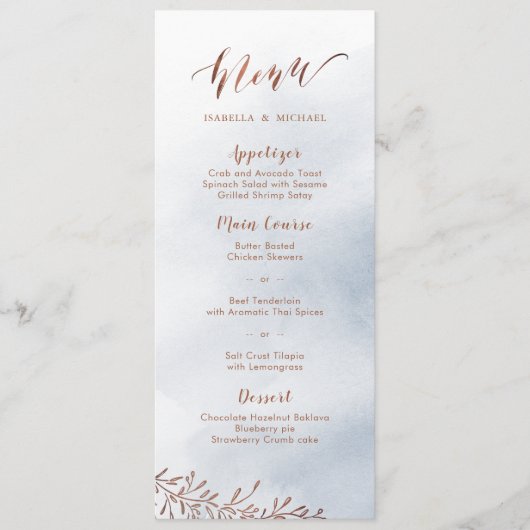 Stoffig blauw kalligrafie rustieke bloemenbruiloft menu (Voorkant)