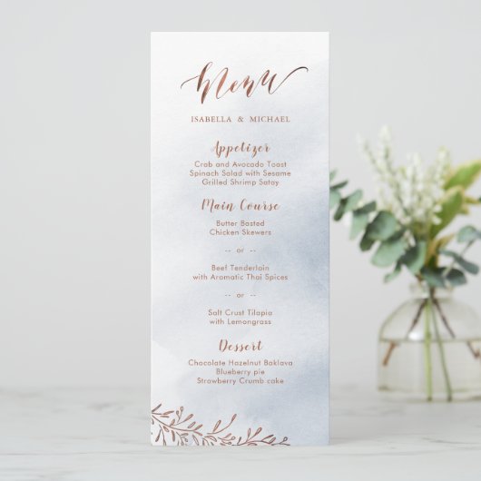 Stoffig blauw kalligrafie rustieke bloemenbruiloft menu (Staand voorkant)