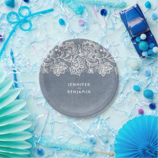 Stoffig Blauw Kant Bruiloft Papieren Bordje (Feest)