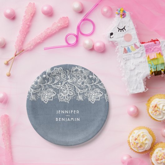 Stoffig Blauw Kant Bruiloft Papieren Bordje (Feest)