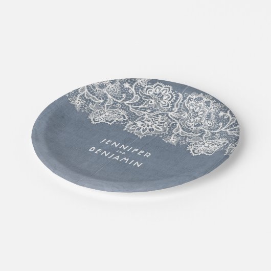 Stoffig Blauw Kant Bruiloft Papieren Bordje (Gekanteld)