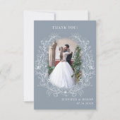 Stoffig blauw klassiek bloemenkrans Bruiloft Foto Bedankkaart (Voorkant)