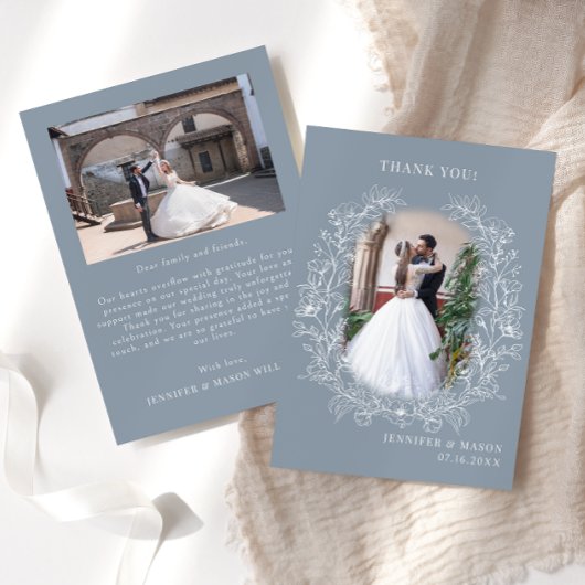 Stoffig blauw klassiek bloemenkrans Bruiloft Foto Bedankkaart