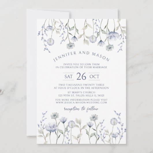 Stoffig blauw klein wildflower bruiloft uitnodigin kaart (Voorkant)