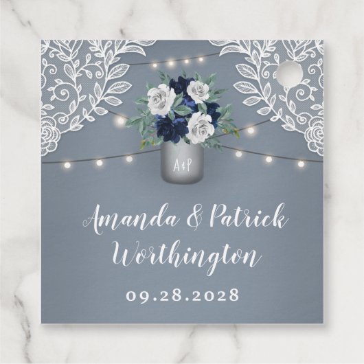 Stoffig Blauw Land Wit Kant Mason Jar Bruiloft Bedankjes Labels (Achterkant)