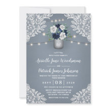 Stoffig Blauw Land Wit Kant Mason Jar Bruiloft