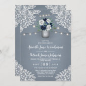 Stoffig Blauw Land Wit Kant Mason Jar Bruiloft Kaart (Voorkant / Achterkant)