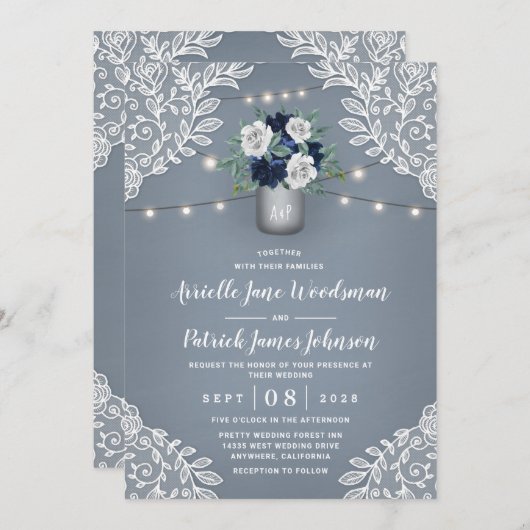 Stoffig Blauw Land Wit Kant Mason Jar Bruiloft Kaart (Voorkant / Achterkant)