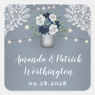 Stoffig Blauw Land Wit Kant Mason Jar Bruiloft Vierkante Sticker