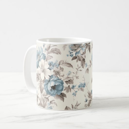  Stoffig Blauw/Lichtbruin Bloemen Koffiemok (Voorkant links)