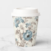 Stoffig Blauw/Lichtbruin Bloemen Papieren Bekers (Achterkant)