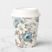  Stoffig Blauw/Lichtbruin Bloemen Papieren Bekers (Voorkant)