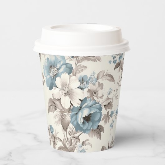 Stoffig Blauw/Lichtbruin Bloemen Papieren Bekers (Voorkant)