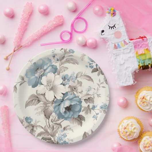  Stoffig Blauw/Lichtbruin Bloemen Papieren Bordje (Feest)