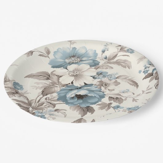 Stoffig Blauw/Lichtbruin Bloemen Papieren Bordje (Gekanteld)