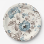  Stoffig Blauw/Lichtbruin Bloemen Papieren Bordje (Voorkant)