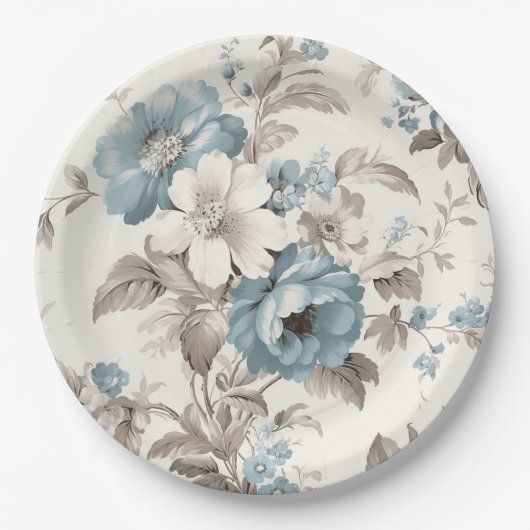  Stoffig Blauw/Lichtbruin Bloemen Papieren Bordje (Voorkant)