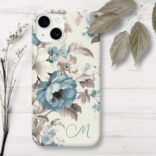  Stoffig Blauw/Lichtbruin Bloemen w/Initiaal Case-Mate iPhone 14 Hoesje