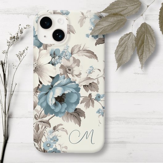 Stoffig Blauw/Lichtbruin Bloemen w/Initiaal Case-Mate iPhone Case