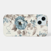 Stoffig Blauw/Lichtbruin Bloemen w/Initiaal iPhone 15 Case (Achterkant horizontaal)