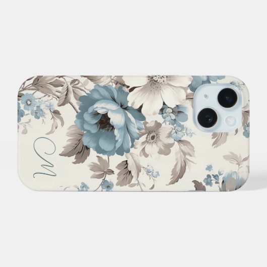 Stoffig Blauw/Lichtbruin Bloemen w/Initiaal iPhone 15 Case (Achterkant horizontaal)