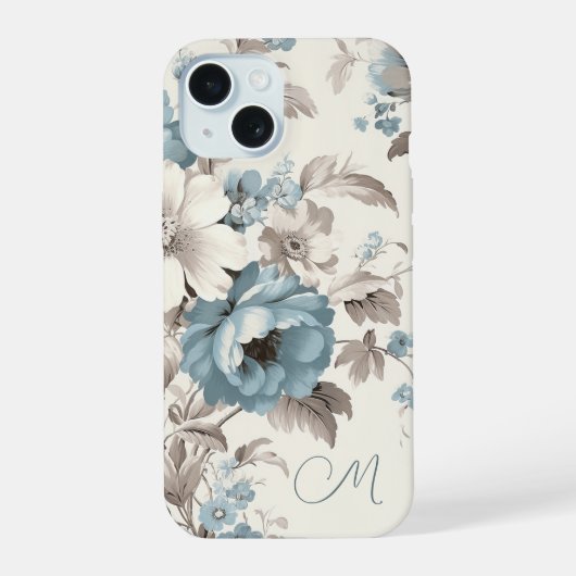 Stoffig Blauw/Lichtbruin Bloemen w/Initiaal iPhone 15 Case (Achterkant)