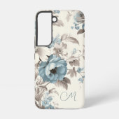 Stoffig Blauw/Lichtbruin Bloemen w/Initiaal Samsung Galaxy Hoesje (Achterkant)