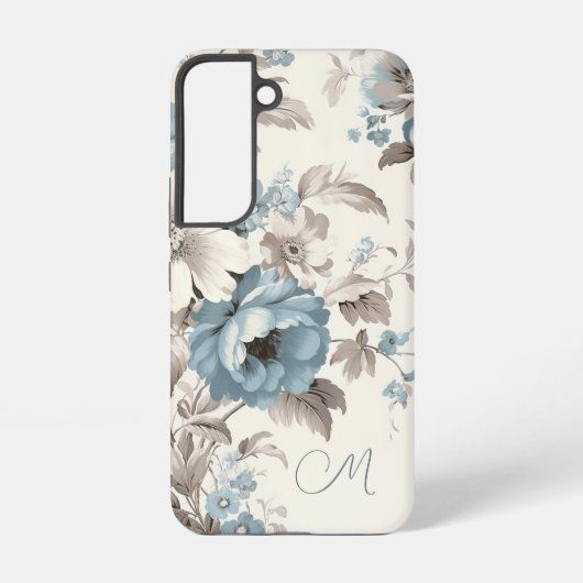  Stoffig Blauw/Lichtbruin Bloemen w/Initiaal Samsung Galaxy Hoesje (Achterkant)