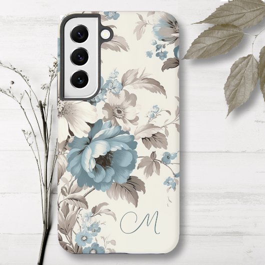 Stoffig Blauw/Lichtbruin Bloemen w/Initiaal Samsung Galaxy Hoesje