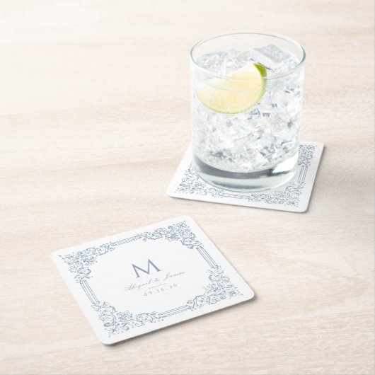 Stoffig Blauw  Lijst Elegant Bruiloft Monogram Kartonnen Onderzetters (Insitu)