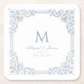 Stoffig Blauw  Lijst Elegant Bruiloft Monogram Kartonnen Onderzetters (Voorkant)