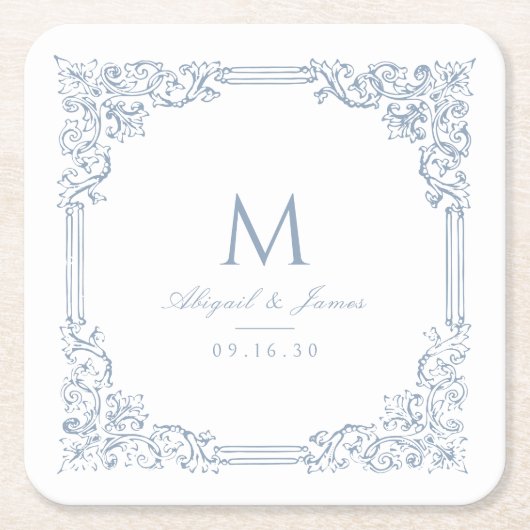 Stoffig Blauw  Lijst Elegant Bruiloft Monogram Kartonnen Onderzetters (Voorkant)