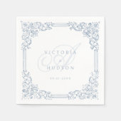 Stoffig Blauw  Lijst Elegant Bruiloft Monogram Servet (Voorkant)