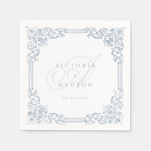 Stoffig Blauw  Lijst Elegant Bruiloft Monogram Servet (Voorkant)