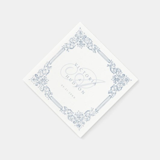 Stoffig Blauw  Lijst Elegant Bruiloft Monogram Servet (Hoek)