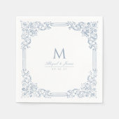 Stoffig Blauw  Lijst Elegant Bruiloft Monogram Servet (Voorkant)