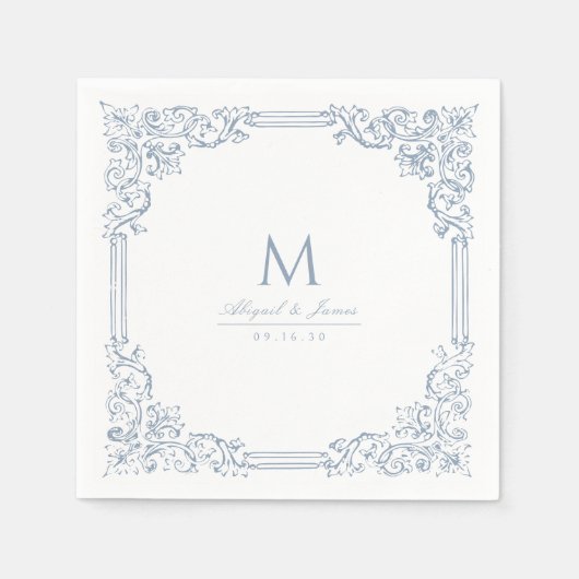 Stoffig Blauw  Lijst Elegant Bruiloft Monogram Servet (Voorkant)