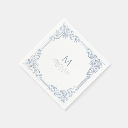 Stoffig Blauw  Lijst Elegant Bruiloft Monogram Servet (Hoek)