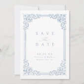 Stoffig Blauw  Lijst Elegant Bruiloft Save The Date (Voorkant)